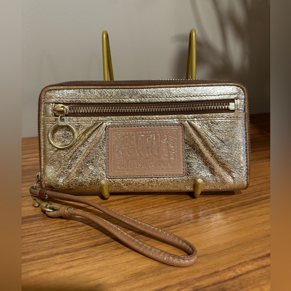 Coach Poppy Metallic Gold Zip Around Wristlet Wallet - Picture 1 of 10